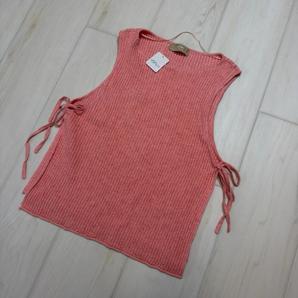 Free People Alpine Rose V Neck Ribbed Knit Sweater NWT Pink Coral Top Size Small